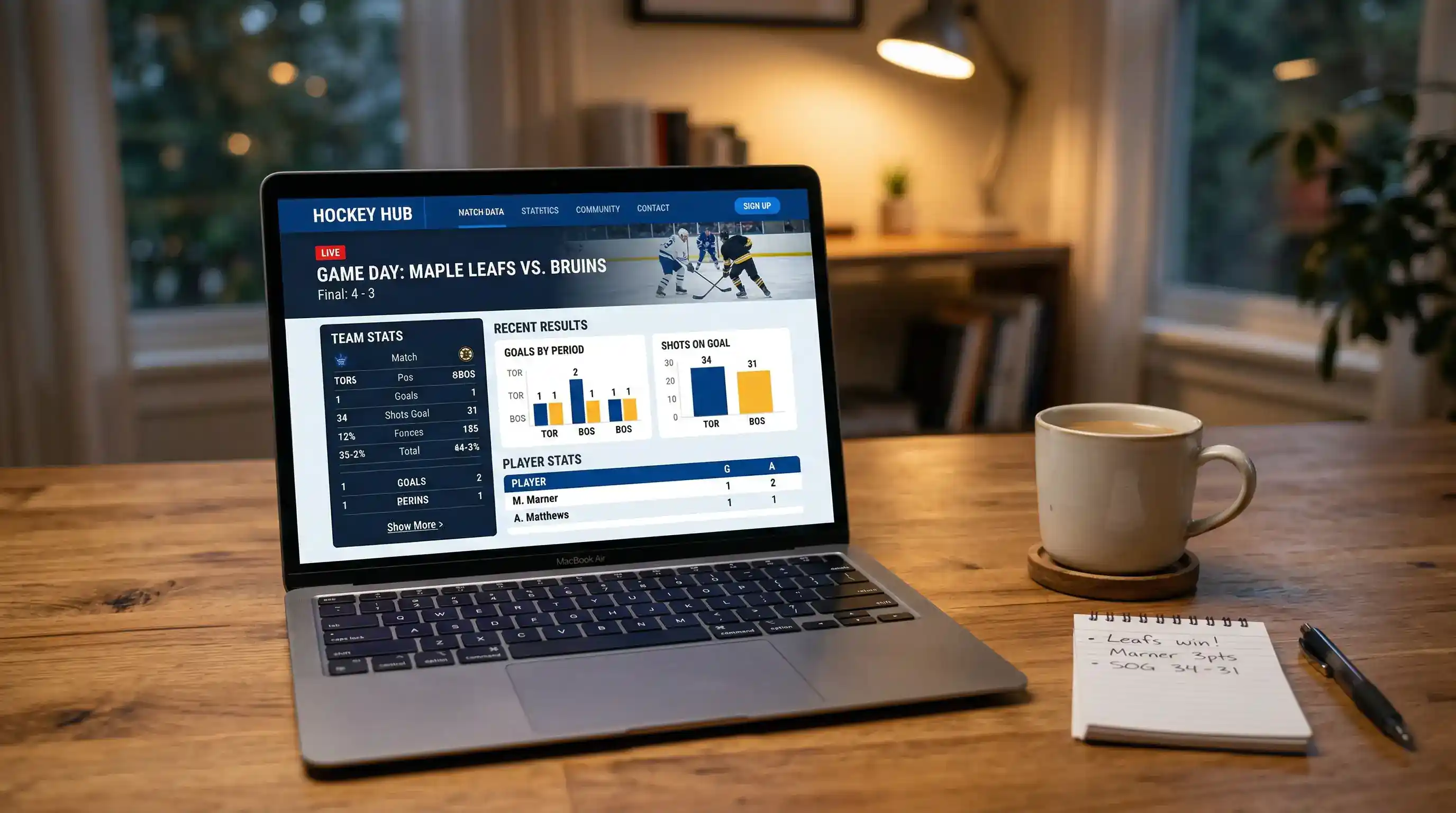 Laptop z otwartą stroną bukmachera i statystykami NHL podczas analizy przed postawieniem zakładu