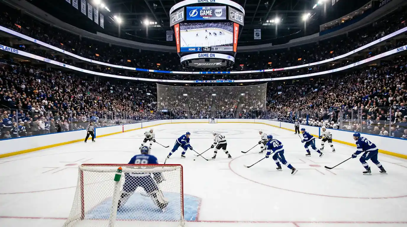 Arena NHL podczas meczu hokejowego z widocznym lodowiskiem i kibicami na trybunach